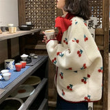 KYLETHOMASW  -  Sweet Jacket Women Streetwear Lambswool Cherry Print Oversized Outwear Y2k Clothes Fashion Casual Thicked Coat Kawaii Ropa Mujer