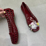 KYLETHOMASW  -  Summer Red New Brand Women Slipper Fashion String of Beads Jelly Sandals Shoes Square Toe Shallow Slip On Ballet Flat Shoes