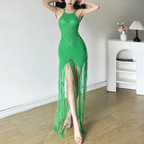 Kylethomasw Sexy Women Long Tassel Knitted Swimwear Beach Cover Up Dress Sleeveless High Waist Seethrough Swimwear Bikini Cover Up Dress