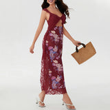 KYLETHOMASW  -  Women Long Bodycon Dress Floral Print Lace Patchwork Cutout V-Neck Sleeveless Dress Summer Slit Backless Party Dress