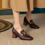 KYLETHOMASW  -  Retro Soft Leather High Heels Comfort Fashion Chunky Heel Square Head British Style Women's Shoes New Elegant party pumps