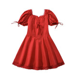 KYLETHOMASW  -  Women Lace Spliced Party Mini Vintage Dresses Puff Sleeve V Neck Low Waist A-line Summer Dress Lace Up Birthday Robe
