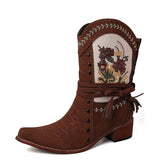 KYLETHOMASW  -  Vintage Ethnic Style Embroidery Woman Ankle Boots Shoes Ladies Elegant Thick Heel Western Cowboy Botas
