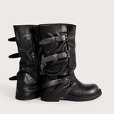 KYLETHOMASW  -  Vintage Soft Leather Belt Strap Buckle Mid-Calf Women Motorcycle Boots Fashion Thick High heels Autumn Winter Knight Booties