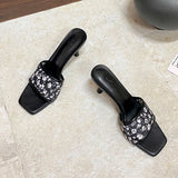 KYLETHOMASW  -  Fashion Flower Women Thin Heels Slides Sandals Shoes Square Toe Sexy Ladies High Heels Shoes Slip On Female Sandals Pumps
