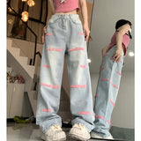 Kylethomasw Vintage Letters Embroidery Loose Washed Jeans Women Summer New High Waist All Match Casual Wide Leg Pants