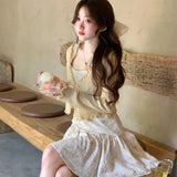 KYLETHOMASW  -  French Romantic Yellow Fragmented Flower Short Dress Summer New Sweet Girl Sleeveless Slim Fit A-line Suspended Dress for Women