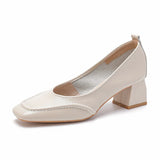 KYLETHOMASW  -  High Heels Women's Spring Summer Square Head Shallow Mouth Medium Heel Pumps Women's Thick Heel Soft Leather Commuter Work Shoes