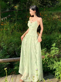 KYLETHOMASW  -  Green Ruffles Sleeveless Bodycon V-neck Summer Holiday Vacation Long Dresses Elegant Printed Party Dress Women Vestidos