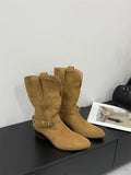 KYLETHOMASW  -  Retro Rivet Belt Buckle Ankle Boots Women Fashion Metal Chain Chunky Heel Designer Boots High Quality Faux Suede Mid Calf Boots