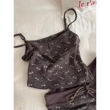 KYLETHOMASW  -  2Cute Bow Print Ribbed Loungewear Set Women Adjustable Thin Strap Tank Top Elastic Short Pants Daily Nightwear