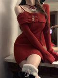 KYLETHOMASW  -  Y2K Knitted Mini Dress Women Streetwear Sexy Off Shoulder Sweater A Line Dresses Christmas Party Korean Bodycon Vestidos