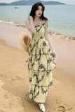 KIylethomasw Retro Cascading Ruffles Flower Print Yellow Cake Midi Dresses 2024 New Summer Ladies Special Design Camisole Clothing Mujer