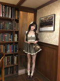 KYLETHOMASW  -  Japanese Sweet Vintage Black White Plaid Lace Doll Collar Ruffle Sleeve High Waist Mini Dress Petite Women Summer Party Wear