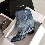 KYLETHOMASW  -  Designer Lapel Denim Women Ankle Boots Autumn and Winter Pointed Toe Korean Version Cowboy Boots Sexy Hottie Short Single Botas