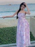 KYLETHOMASW  -  Women Summer Floral Print Sexy Off Shoulder Backless Elegant Party Dresses High Waist Lace-up Sleeveless Slim Beach Maxi Dress
