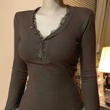 KYLETHOMASW  -  American style basic lace half open collar button chest revealing base top brown ribbed simple slim fit versatile T-shirt