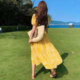 KIylethomasw Summer Bohemian Yellow Women's Senior Sense Chiffon V-neck High Waist Thin Temperament Elegant Fashion Seaside Resort Long Dress