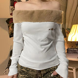 KYLETHOMASW  -  New fur spliced one neck slim embroidered T-shirt for sexy and slim women, backless sweatshirt