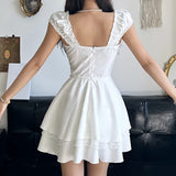 KYLETHOMASW  -  Y2K Contrast Bandage Bow A-line Mini Dress for Holiday Party Coquette Aesthetic Short Sleeve Tiered Dresses Sweet Robe