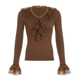 KYLETHOMASW  -  Socialite temperament retro brown V-neck lace ruffle slim fit long sleeved autumn slimming top with flared sleeves inside
