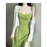 KYLETHOMASW  -  Women's Green Floral Halter Neck A-Line Dress Beach Vacation Waist-Cinching Summer New Style Cleanfit Polyester Sleeveless