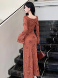 KYLETHOMASW  -  Vintage Evening Dresses Women Sexy Elegant Flowers Flare Long Sleeve Temperament Cocktail Wedding Party Dress Ladies