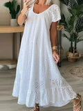 KYLETHOMASW  -  Women's Casual White Swing Party Dresses YK2 Ladies Elegant O-neck Hollow Long Dress Vestidos Summer Loose Short Sleeve Dress