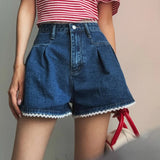 KYLETHOMASW  -  Spring Summer Lace Patchwork Women's Denim Short Pants High Waist Casual Loose Jeans Wide Leg Shorts for Women