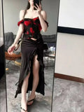 KYLETHOMASW  -  Women Two Piece Set Rose Print Off Shoulder Crop TopIrregular High Low Skirt Sexy Slim Fit Ruffle Summer Party Outfit 2025 New