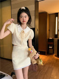 KYLETHOMASW  -  Summer Yellow Fashion 2 Piece Sets Cute Girl Short Puff Sleeve Lace Doll Collar Shirt Top&Mini Skirt 2pc Dress Suits