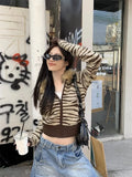 KYLETHOMASW  -  Zebra Print Knit Hooded Sweatshirt Sweater Fur Trimmed Retro Slim Long Sleeve Jacket Street Zip Up Full Winter Jumpers Coat