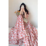 KYLETHOMASW  -  Summer Niche French Pink Floral Off-shoulder Dress Atmosphere Sense Vacation Style Tea Break Long Skirt Princess Dress