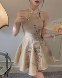 KYLETHOMASW  -  Women Chinese Style Vintage Sexy Halter Sleeveless Mini Dress Summer Stand Collar High Waist Slim Elegant Party Dresses Vestidos