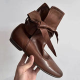 KYLETHOMASW  -  Autumn Winter Soft Leather Lace-up Women Ankle Boots Comfortable Flats Short Booties Fashion Bowknot Chelsea Boots Shoes Botas