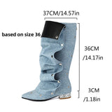 KYLETHOMASW  -  Women's Runway Denim Slouchy Boots Light Blue Chic Snap Fastener Boots Black Pearl Back Zip Modern Shoe Biggest Size 48