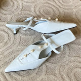 KYLETHOMASW  -  Fashion Woman Pumps String Pearl Pointed Toe Thin Low Heels Shoes Elegant Buckle Strap Zapatos De Mujer