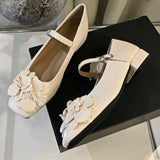 KYLETHOMASW  -   Chunky Heel Flower Mary Jane Shoes Women Fashions Low Heel Womens Shoes Square Toe Elegant Ballet Shoe Designer Pumps Female