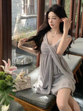 KYLETHOMASW  -  2024 Summer New Women's Gray High Waist Vacation Backless Slip Mini Dress Sexy Club Sleeveless Pleated Short Dress Fashion Trend