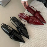 KYLETHOMASW  -  Luxury Pointed Toe Red Buckle Thin Low Heel Women Shallow Shoe New Fashion Brand Design Slingback Party Women Slope Heel Sandals