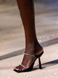 KYLETHOMASW  -  Summer shiny  Rhinestone Chain Designer Slippers Satin One Line Band one line belt Square Head Slingback Thin High Heels Shoes