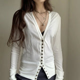 KYLETHOMASW  -  T Shirts Women Long Sleeve V Neck Slim Single Breasted Solid Outwear Tops Female Y2k Fashion Tee Shirt Autumn Casual