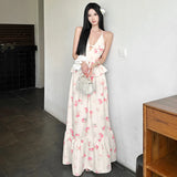 KYLETHOMASW  -  Flower Print 2 Piece Set Woman Halter Low-Neck Bow Decoration Tank Tops+Ruffles Long Skirts Beach Style Elegant Outfits