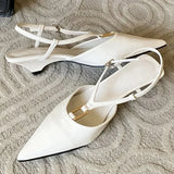 Kylethomasw Elegant Ankle Strap Buckle Low Heel Mules Sandals Women Sexy Pointed Toe Patent Leather Women Pumps Summer Slingback High Heels