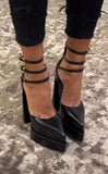 KYLETHOMASW  -  Red Black Patent Leather Pointed-Toe Platform Pumps Multi-Strap Design Gold Buckles Chunky Block Heel Elegant Looks for Women