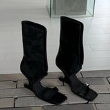 KYLETHOMASW  -  Europe and America Women Black Leather Cutout Mid Calf Sandal Boots Square Open Toe Single Strap Wedge Heel Slip On Tall Booties