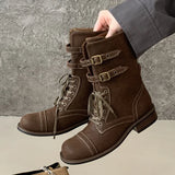 KYLETHOMASW  -  Fashion Design Narrow Band Lace-up Women Knee-High Boots Vintage Spring Autumn Round Toe Square Low Heels Shoes