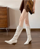 KYLETHOMASW  -  Autumn Winter Fashion Pleated Design Women Knee-High Boots Vintage Faux Suede Lace High heels Western Cowboy Long Booties Shoes