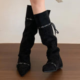 KYLETHOMASW  -  Knee High Women Boots Designer Pointed Toe Flats Shoes Winter 2025 New Suede Casual Shoes Chelsea Boots Walking Mujer Botas