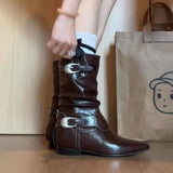KYLETHOMASW  -  New Round Toe Square Heel Sexy Elegant Mid-calf Boots Fashionable Pin Buckle Decoration Solid Color Simple Casual Women's Shoes